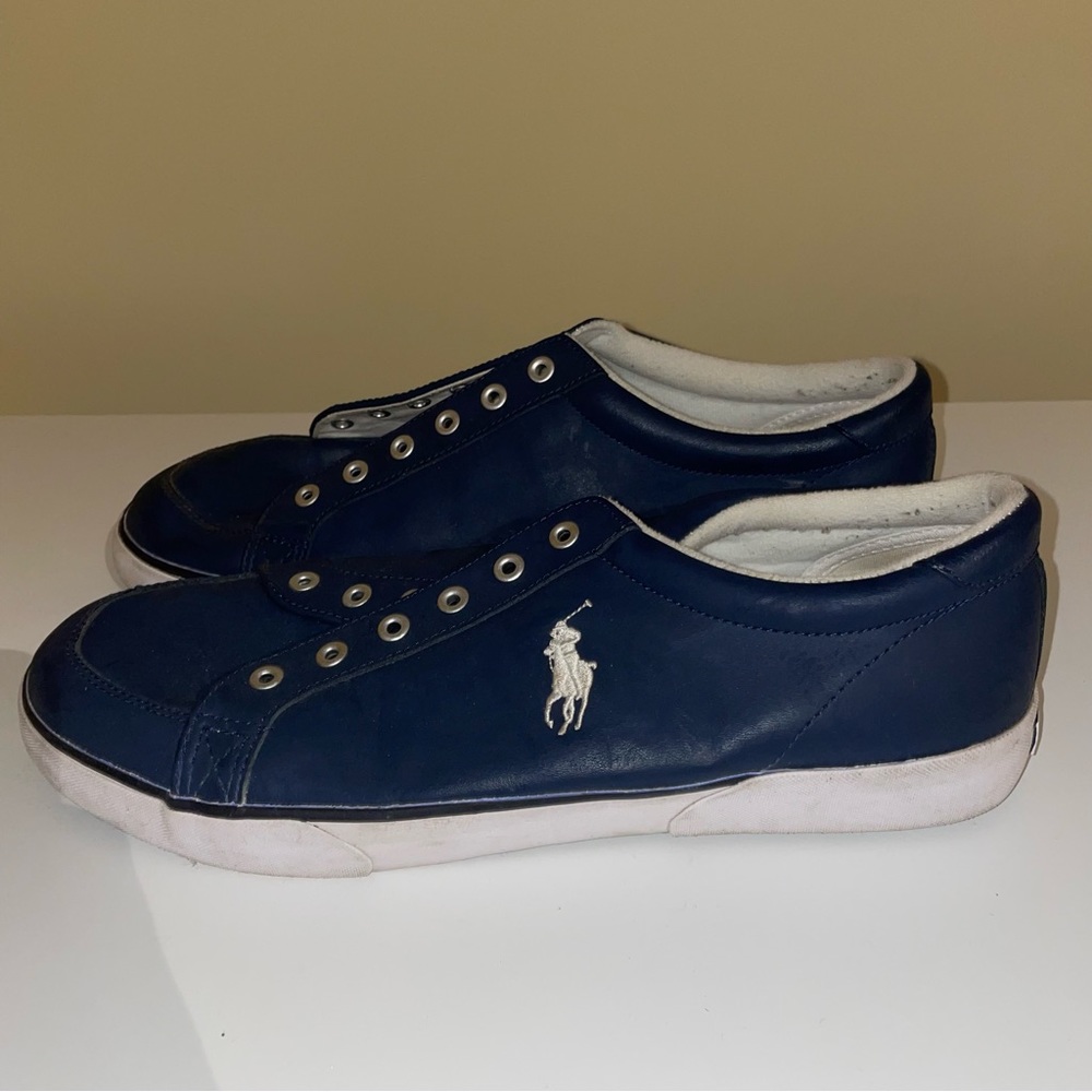 Men’s Polo Ralph Lauren Navy Blue Low Top Leather Sneaker Size 13D